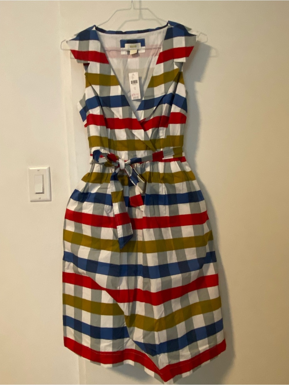 Maeve Checkered Tie-Waist Peter Pan Collar Dress in Red, Blue & Olive NWT